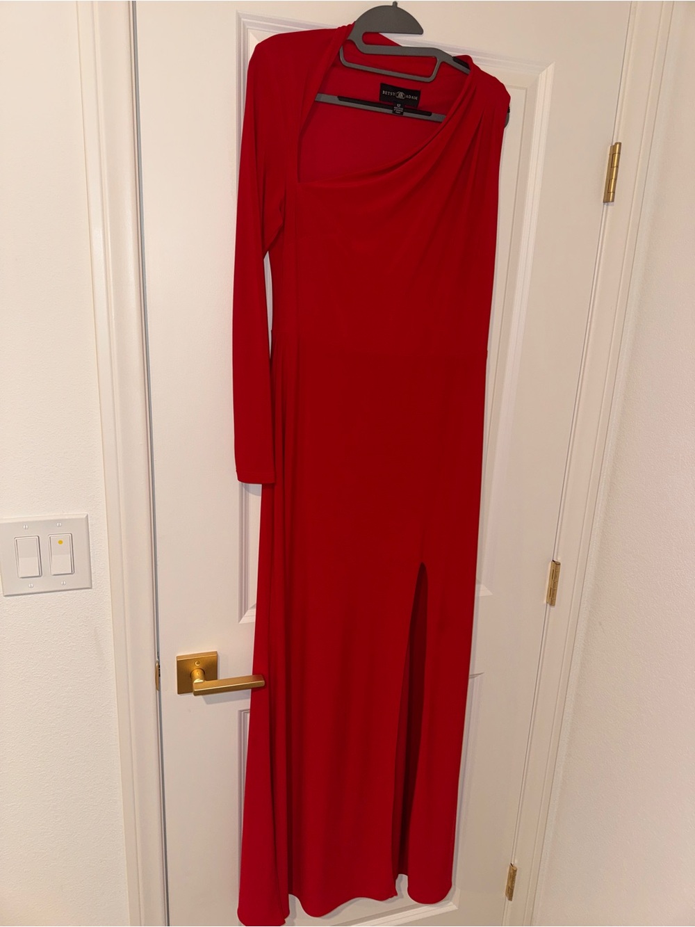 Betsey Adam’s Red Long Sleeve Draped Neck Maxi Dress with Slit